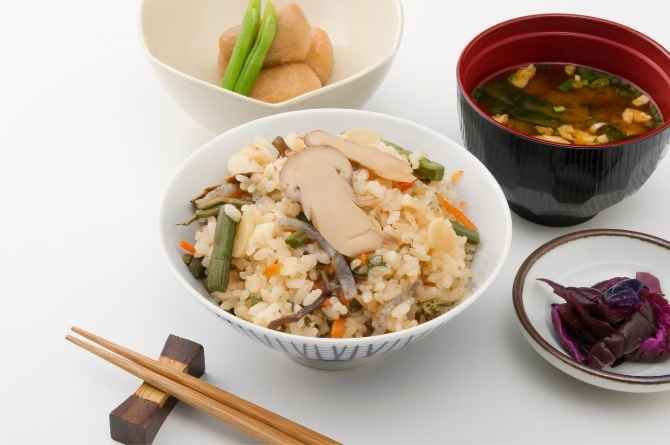 Matsutake mushrooms rice and soup serving for eat