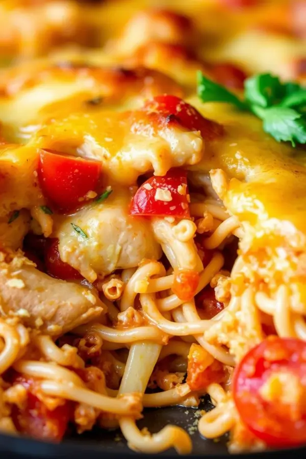 Simple & Creamy Chicken Spaghetti Casserole with Rotel
