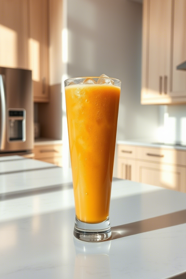 A tall, frosty glass of Jamba Juice Orange Dream Machine Smoothie with ice sits on a sunlit white quartz countertop.