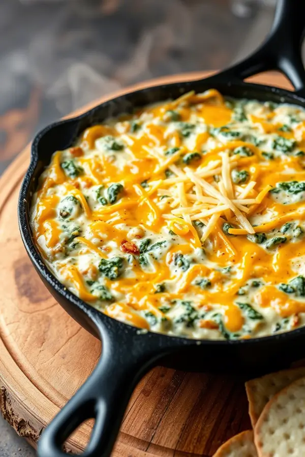a freshly baked skillet of creamy Longhorn spinach dip, golden and bubbling on top. The dip is garnished with melted cheese on a wooden board.