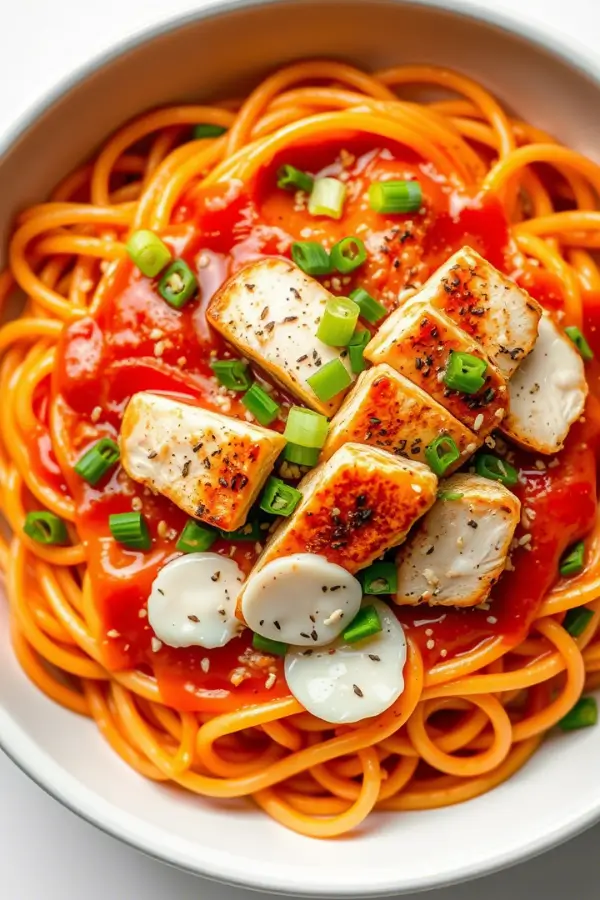 A vibrant Buldak Carbonara recipe- spaghetti tossed in a glossy red gochujang-spiced sauce, swirled with creamy carbonara made from egg yolks, Parmesan, and black pepper. Topped with sliced grilled chicken, scallions, sesame seeds, and melted mozzarella.
