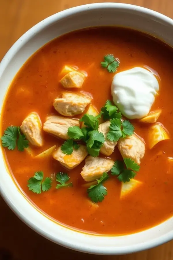 A bowl of McAlister's Chicken Tortilla Soup, vibrant orange broth brimming with tender chicken, and tortilla strips, garnished with fresh cilantro and a dollop of sour cream, presented in a rustic, white bowl against a warm, wood-grained background. The lighting is warm and inviting, highlighting the texture and detail of the ingredients.