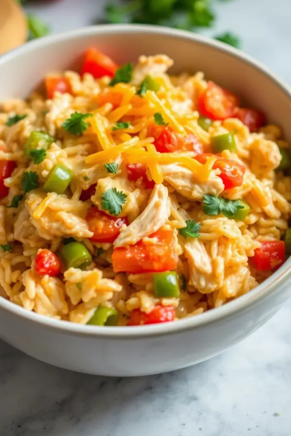 Slow Cooker Cheesy Chicken and Rice (Arroz Con Pollo) in a Vibrant Bowl