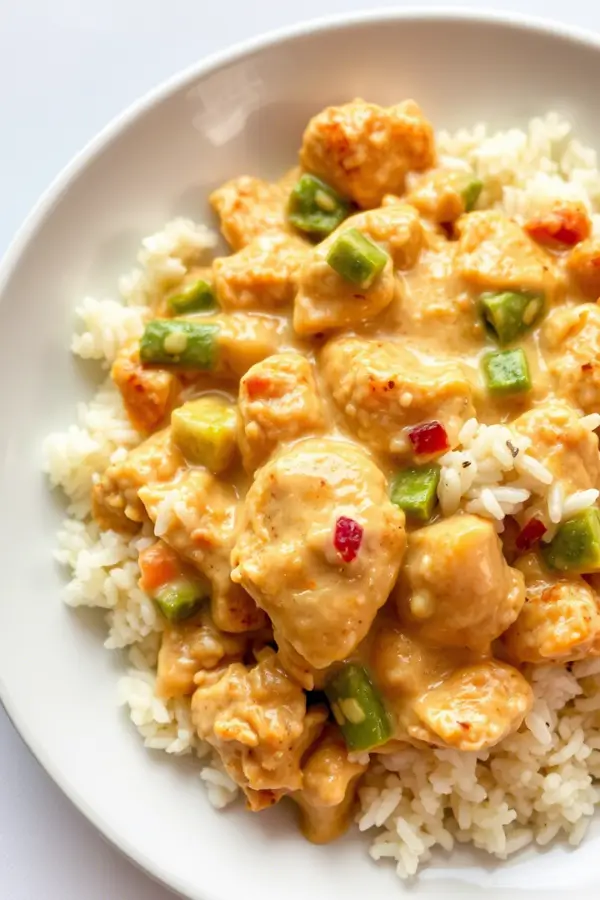 Forgotten Chicken Casserole with regular rice on a ceramic plate.