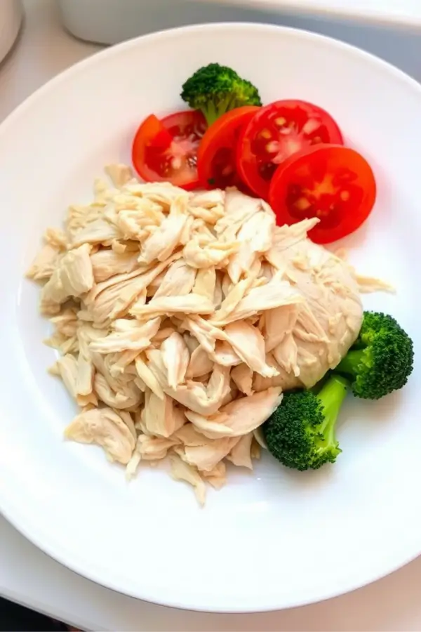 Frozen Chicken Breast in an Air Fryer served after Shredded with tomato slices and Broccoli in a ceramic plate after cooking.