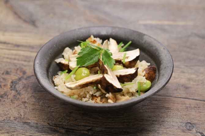 Matsutake Mushroom rice serving in a bowl
