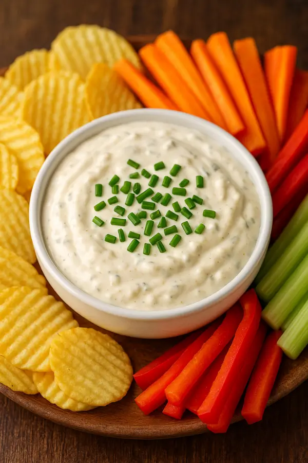 A delicious bowl of creamy sour cream and onion dip, garnished with fresh chives, surrounded by crispy chips and colorful vegetable sticks, on a rustic wooden table.