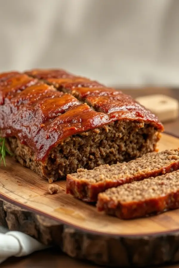 A photorealistic image of a delicious meatloaf, styled in the warm, inviting aesthetic of Joanna Gaines' home design, featuring rich brown meatloaf with a slightly browned crust, presented on a rustic wooden serving platter