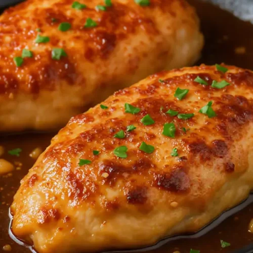 A skillet of golden-brown chicken breasts simmering in a glossy brown sugar garlic sauce, topped with fresh chopped parsley, with minced garlic visible in the caramelized glaze; warm, rustic kitchen background