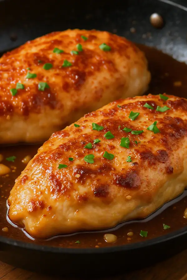 A skillet of golden-brown chicken breasts simmering in a glossy brown sugar garlic sauce, topped with fresh chopped parsley, with minced garlic visible in the caramelized glaze; warm, rustic kitchen background