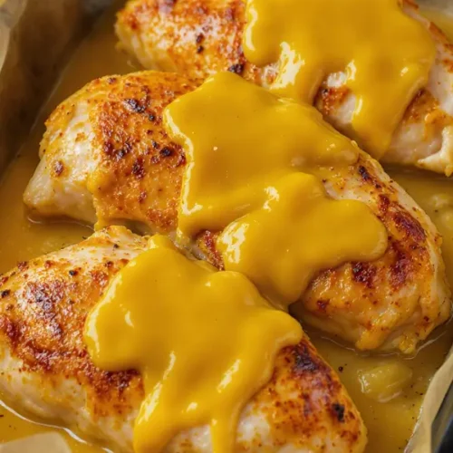 Juicy baked chicken breasts glazed with golden honey mustard sauce, served in a parchment-lined baking dish, lightly caramelized on top