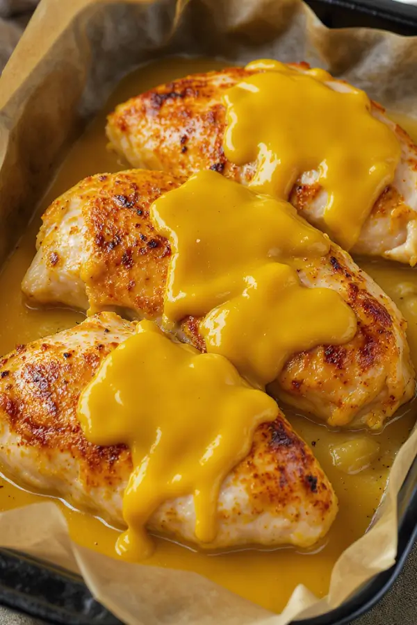 Juicy baked chicken breasts glazed with golden honey mustard sauce, served in a parchment-lined baking dish, lightly caramelized on top