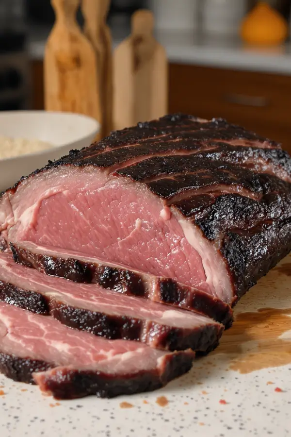 Beef Brisket Injection in a wooden board on the kitchen countertop