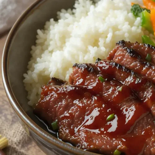 Thin sliced caramelized beef glazed with shiny teriyaki sauce, served with steamed white rice and stir-fried vegetables on a ceramic bowl