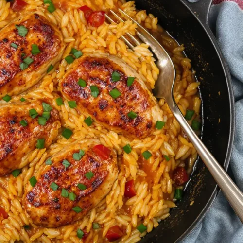 Cajun Chicken Orzo in One-Pot with green onion toppings