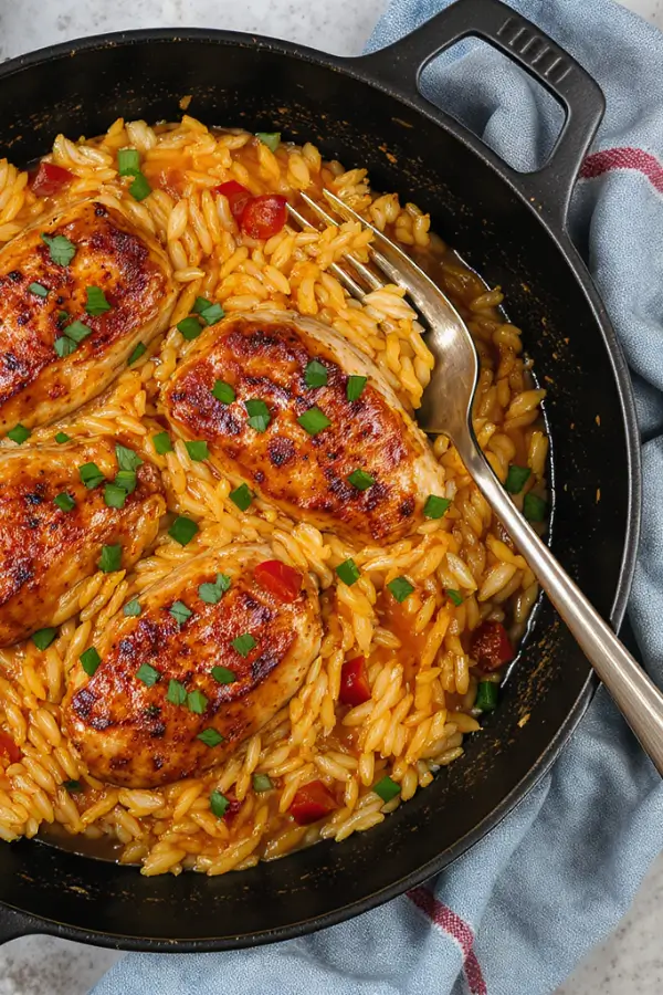 Cajun Chicken Orzo in One-Pot with green onion toppings
