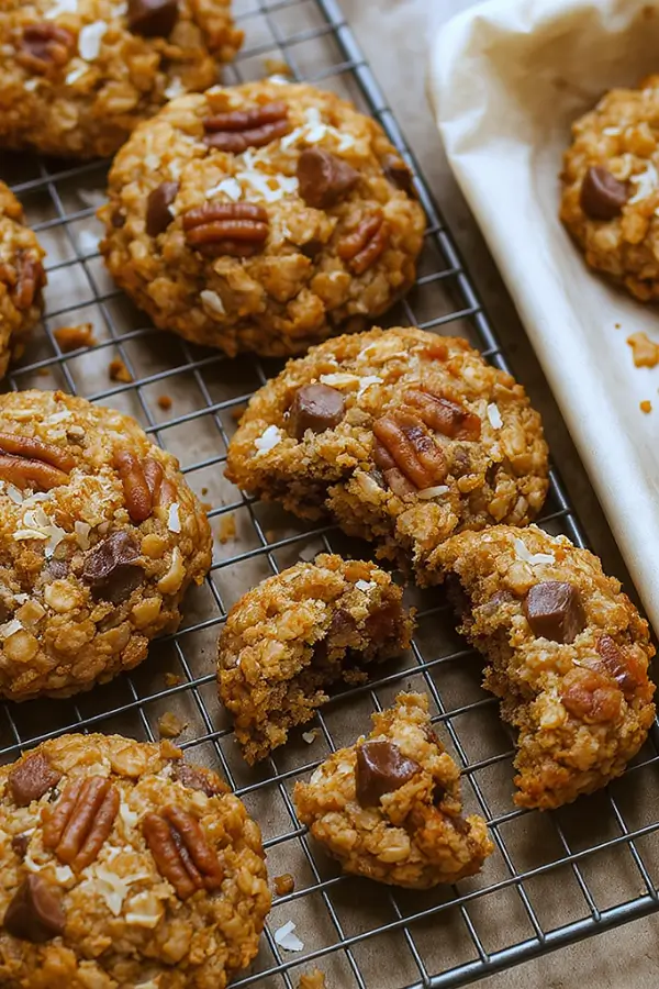 A batch of thick, golden-brown cowboy cookies studded with oats, chocolate chips, shredded coconut, and pecans, cooling on a wire rack next to a parchment-lined baking sheet, with a few cookies broken open to show their chunky, chewy texture