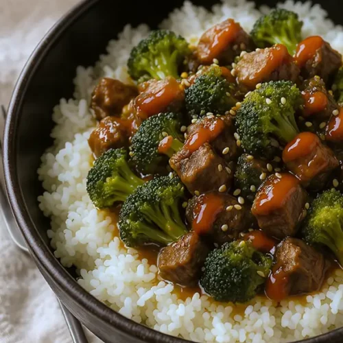 A hearty bowl of slow-cooked beef perfectly mixed with broccoli in a rich, glossy sauce served over fluffy white rice, topped with sesame seeds, and a drizzle of sriracha