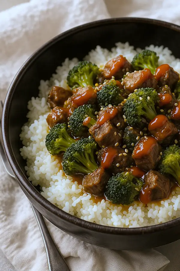 A hearty bowl of slow-cooked beef perfectly mixed with broccoli in a rich, glossy sauce served over fluffy white rice, topped with sesame seeds, and a drizzle of sriracha