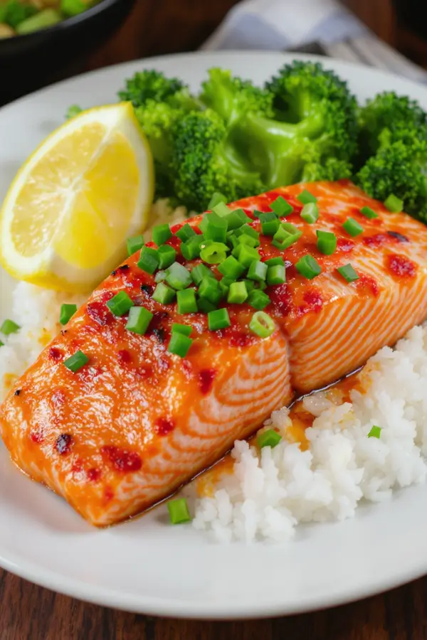 Firecracker salmon in a plate with lemon slice, broccoli and rice