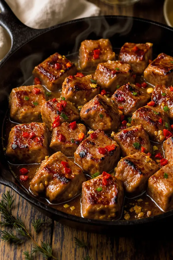Golden seared steak bites coated in glistening garlic butter sauce, served in a cast-iron skillet, garnished with chili flakes