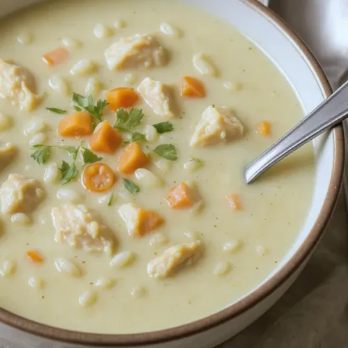 Creamy Panera-style chicken wild rice soup in a bowl, filled with shredded chicken, wild rice, diced carrots, celery, and herbs in a rich, creamy broth, garnished with fresh parsley