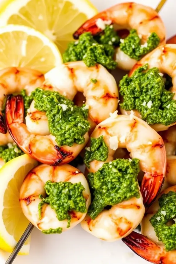 Grilled shrimp skewers brushed with vibrant green pesto, slightly charred, served on a plate with lemon wedges and sprinkled with Parmesan