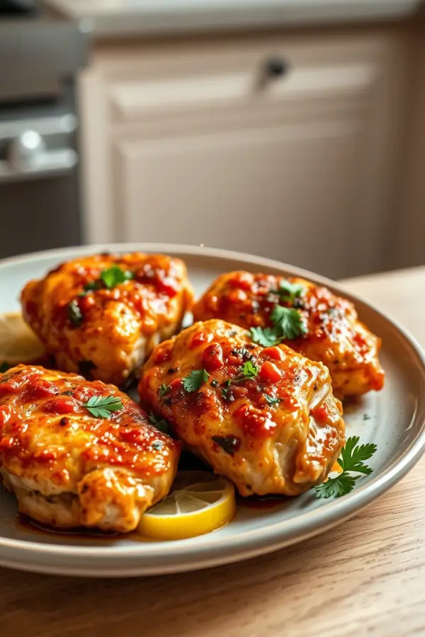 Red Pepper Romesco Chicken Thighs in a ceramic plate on the kitchen countertop