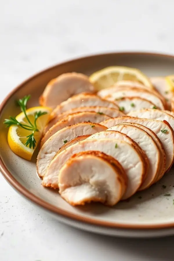 Thin Sliced Chicken Breast with lemon slices in a ceramic plate