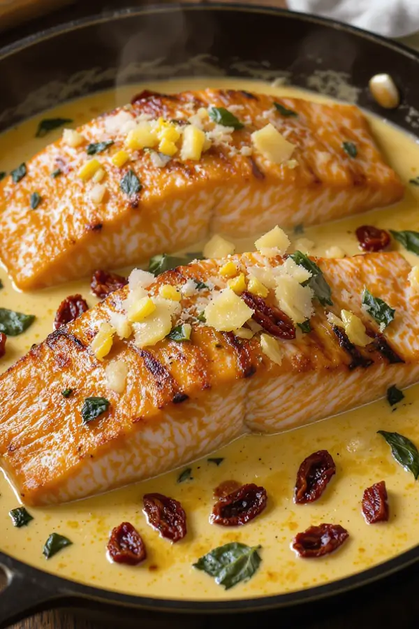 Pan-seared salmon fillets in a creamy Tuscan sauce with sun-dried tomatoes, spinach, and Parmesan, served in a rustic skillet with golden sauce glistening