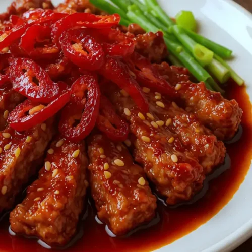 A plate of crispy golden beef strips glistening with a sticky chilli sauce, garnished with sliced red chillies, sesame seeds, and fresh spring onions