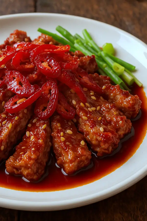 A plate of crispy golden beef strips glistening with a sticky chilli sauce, garnished with sliced red chillies, sesame seeds, and fresh spring onions